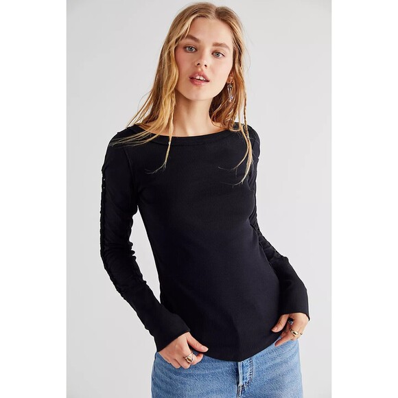 Free People We The Free Daisy Chain Cuff Blouse Top Ribbed Black M NEW 281850 - Picture 1 of 11